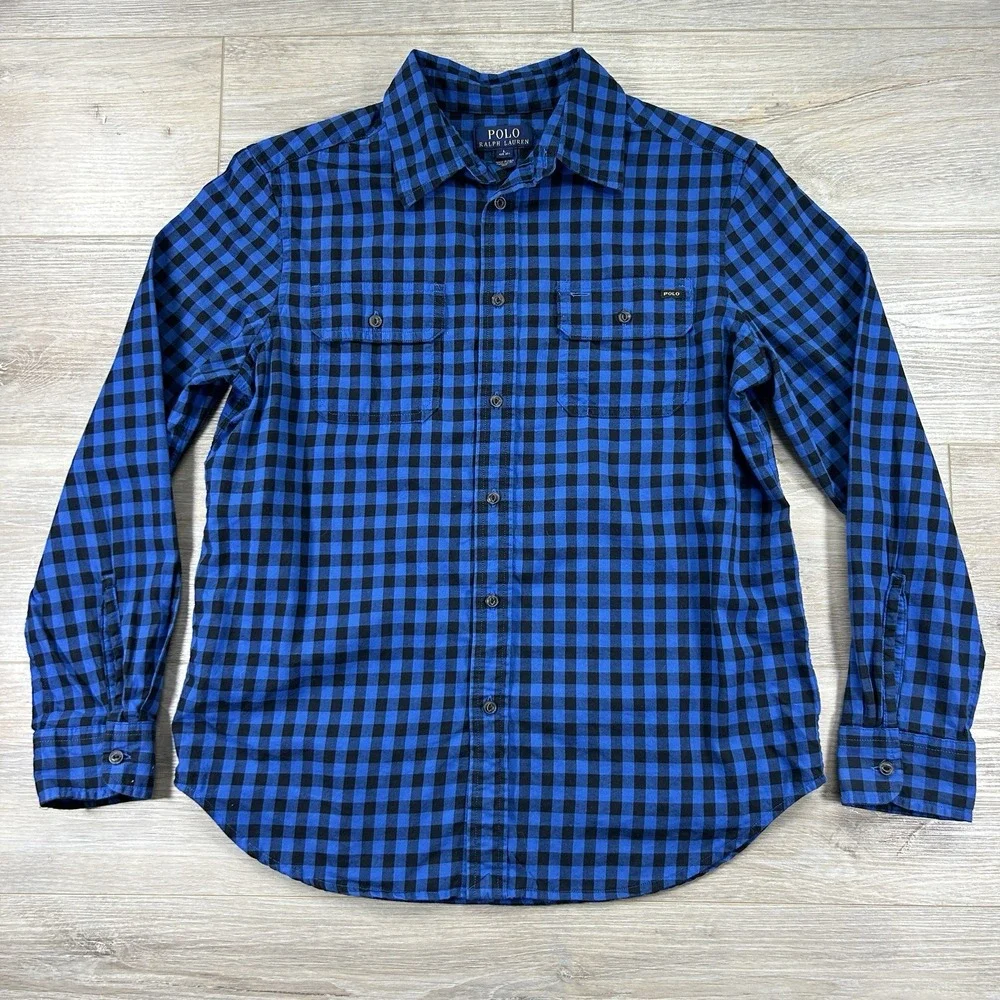 Polo‎ Ralph Lauren Youth Large 14-16 Blue Checkered Button Down Camp Pockets